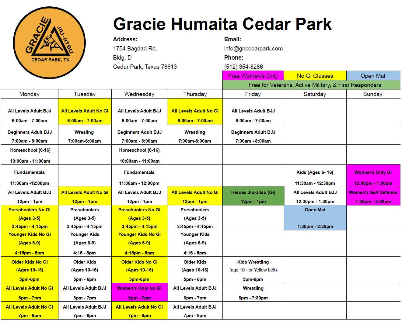 Class Schedule for Gracie Cedar Park