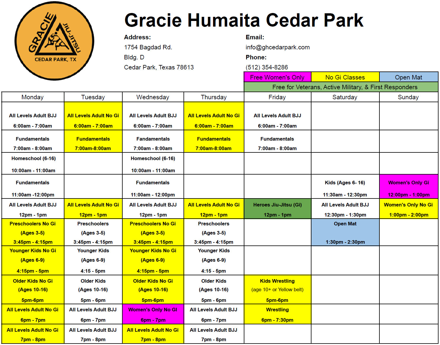 Class Schedule for Gracie Cedar Park