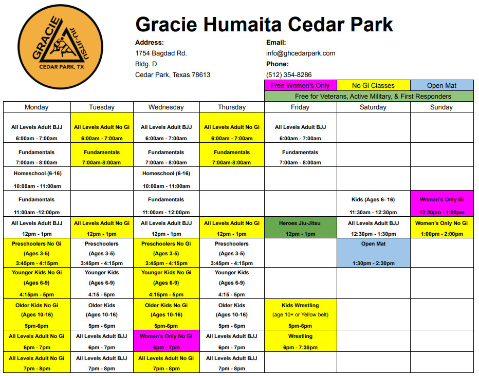 Class Schedule for Gracie Cedar Park